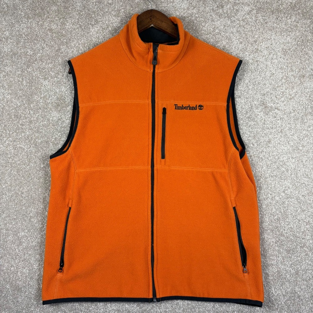 Timberland Mens Fleece Vest Orange Full Zip Mock Neck Pockets Size Medium